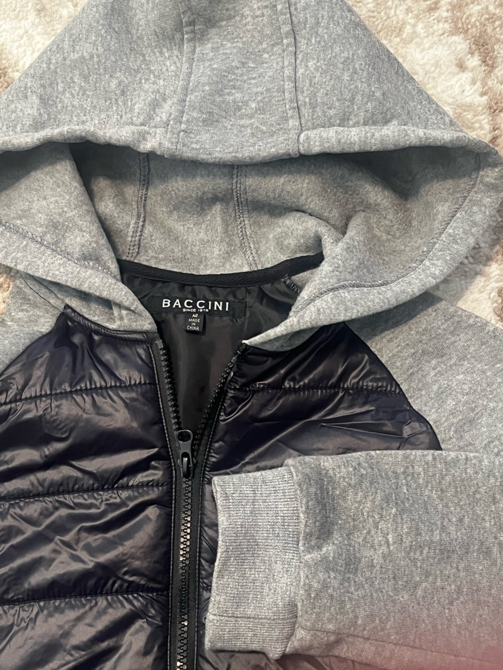 Baccini Womens Medium Hybrid Puffer Jacket Grey Fleece Sleeves Hooded Black Zip